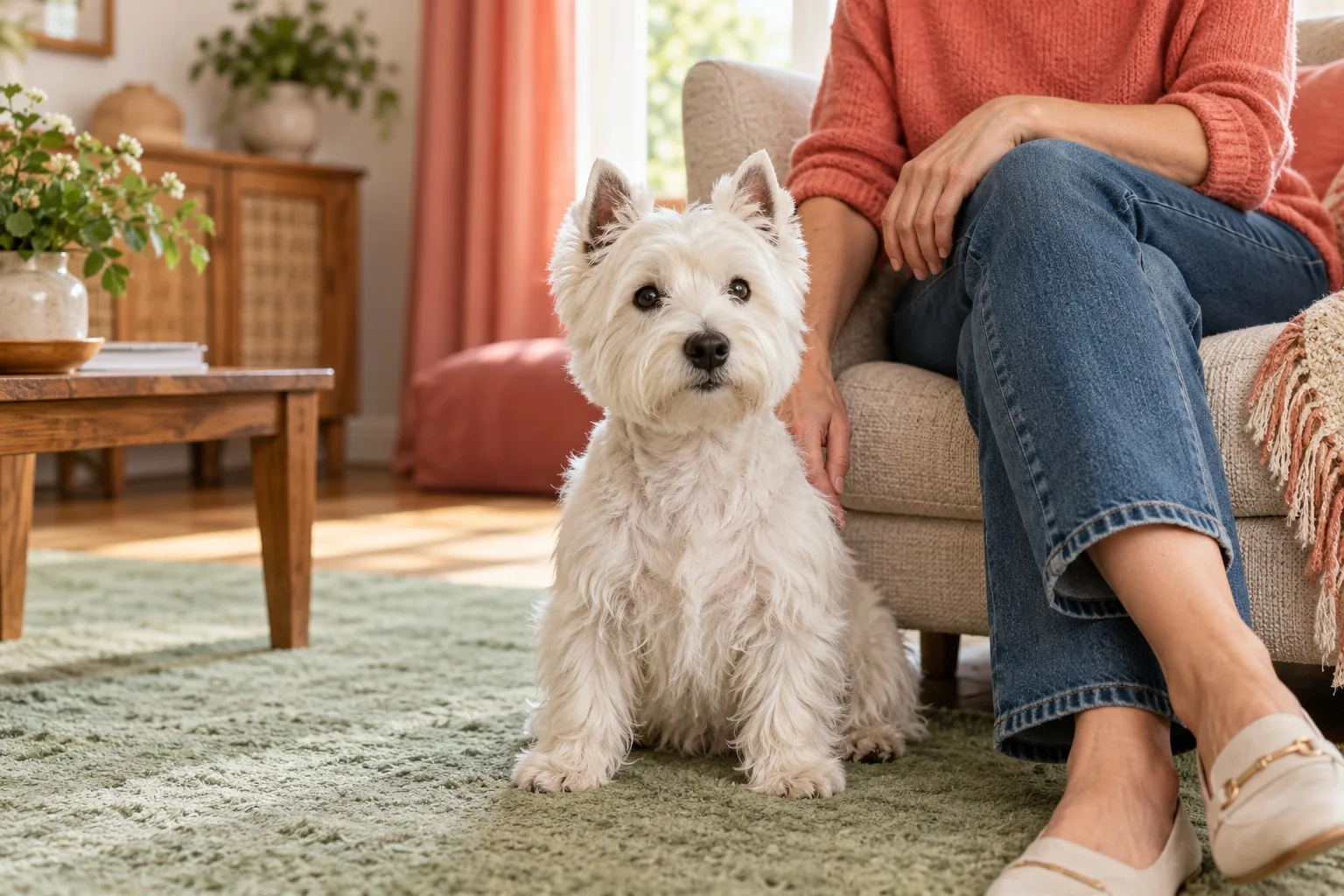 Small white dog beside an owner on a sofa